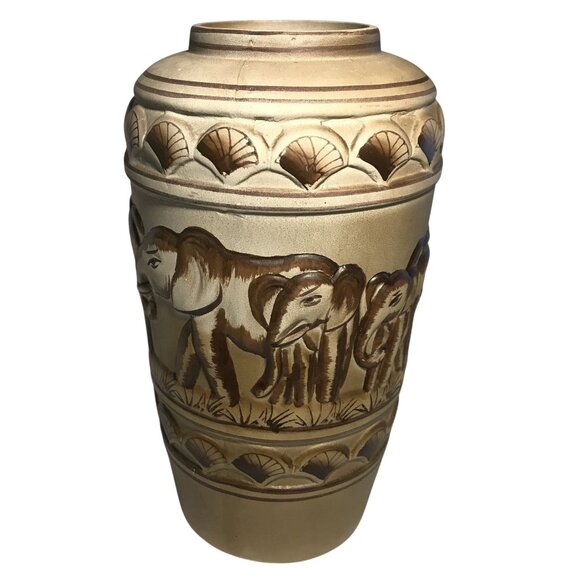 Handcrafted Vase Elephant Motif Ceramic African Shells Brown Beige 10.5" Tall - Picture 1 of 12